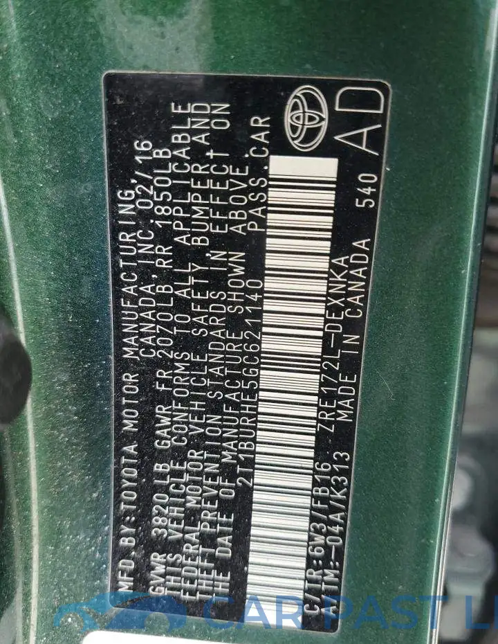 2T1BURHE5GC621140# 12