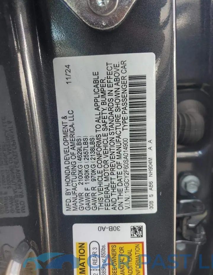 1HGCY2F60SA014900# 12