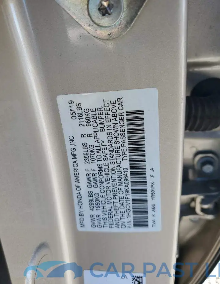 1HGCV1F19KA096410# 12