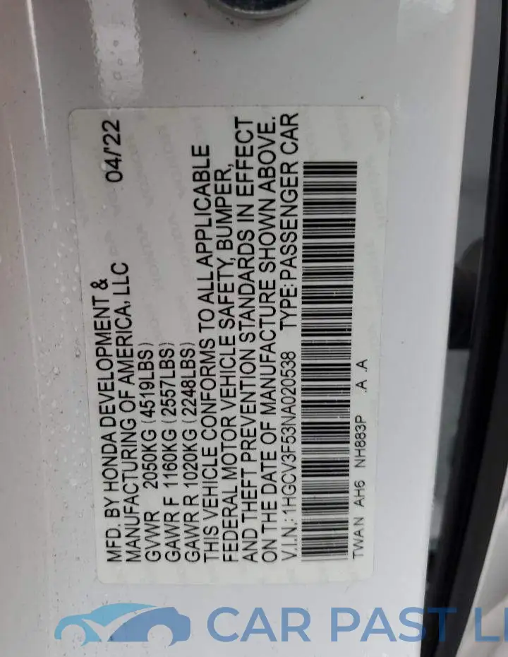 1HGCV3F53NA020538# 12