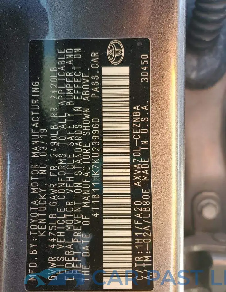 4T1B11HK7KU239960# 12