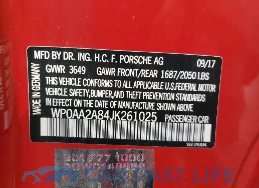 WP0AA2A84JK261025# 12
