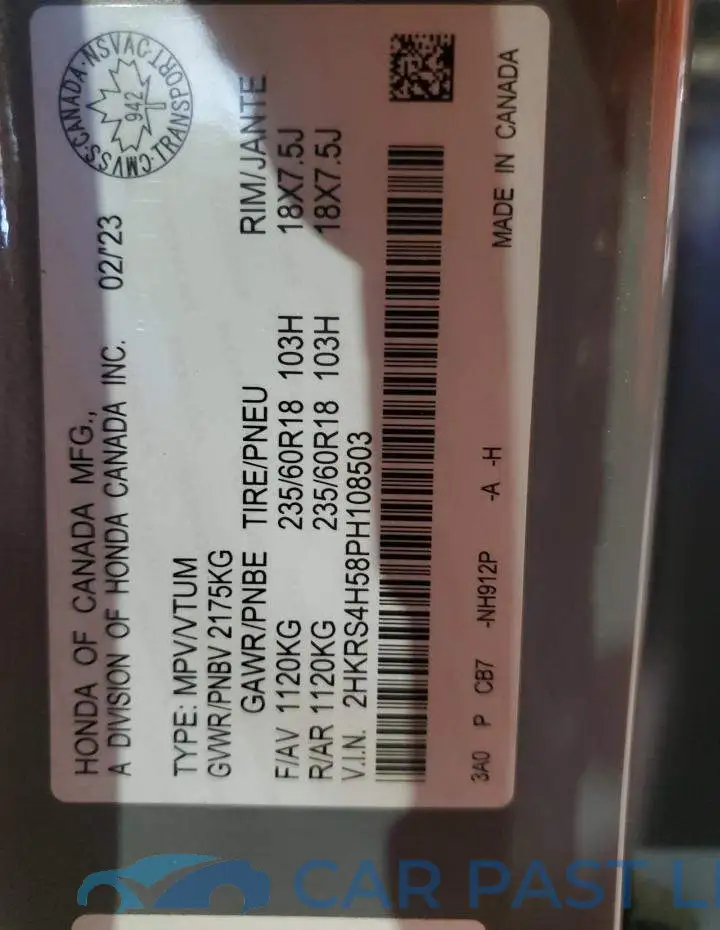 2HKRS4H58PH108503# 12