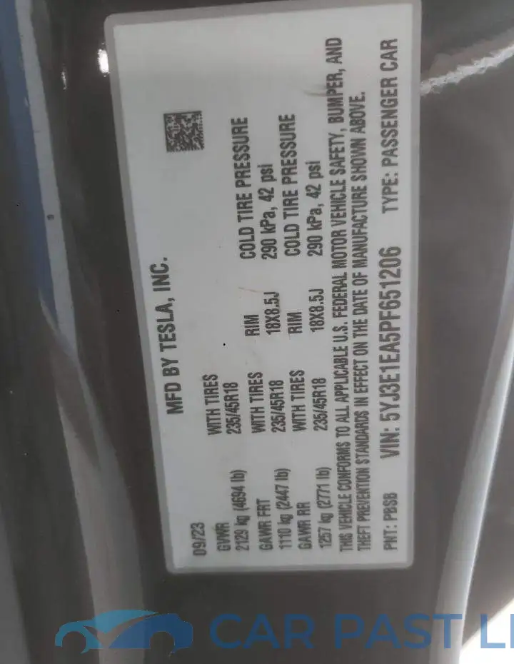 5YJ3E1EA5PF651206# 12