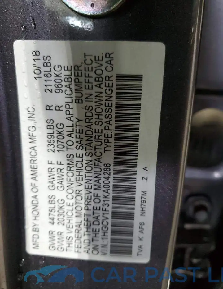 1HGCV1F31KA004286# 12
