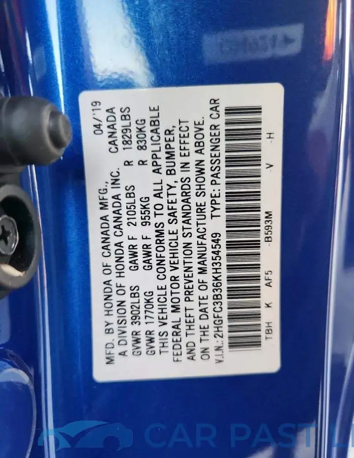 2HGFC3B36KH354549# 12