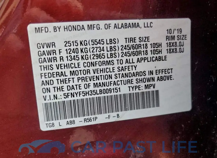 5FNYF5H35LB009151# 12