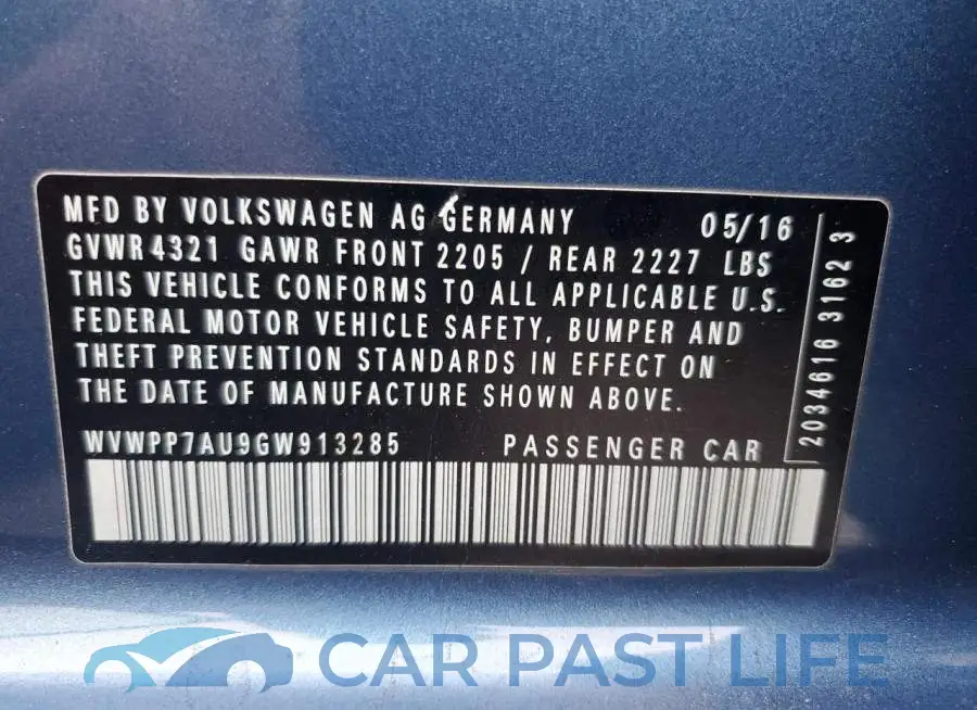 WVWPP7AU9GW913285# 12