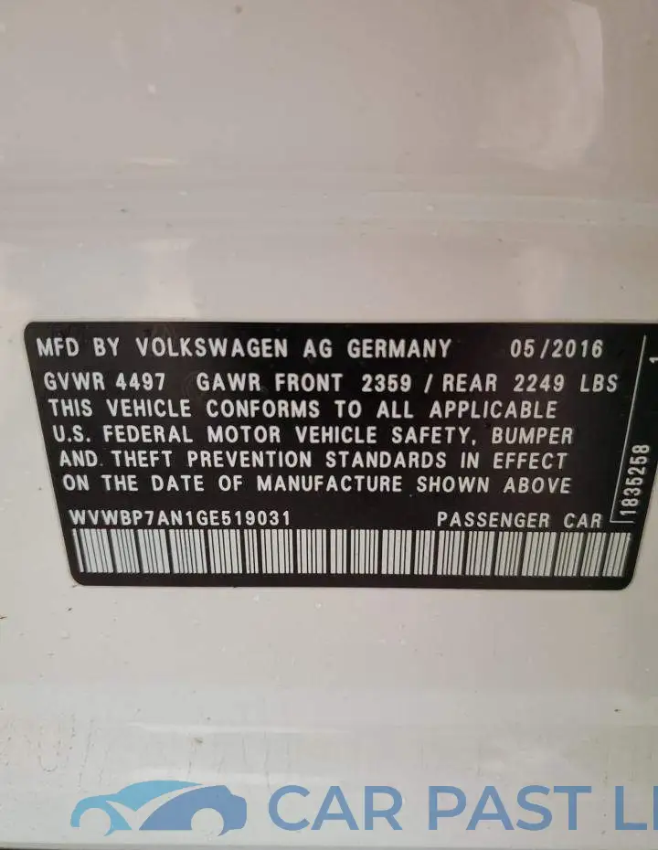 WVWBP7AN1GE519031# 12
