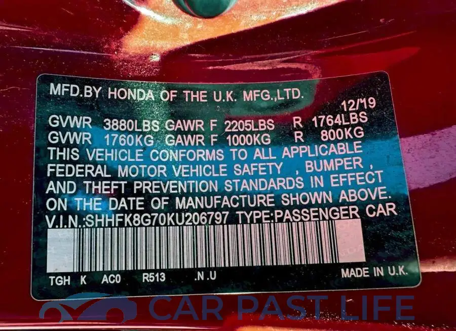 SHHFK8G70KU206797# 10