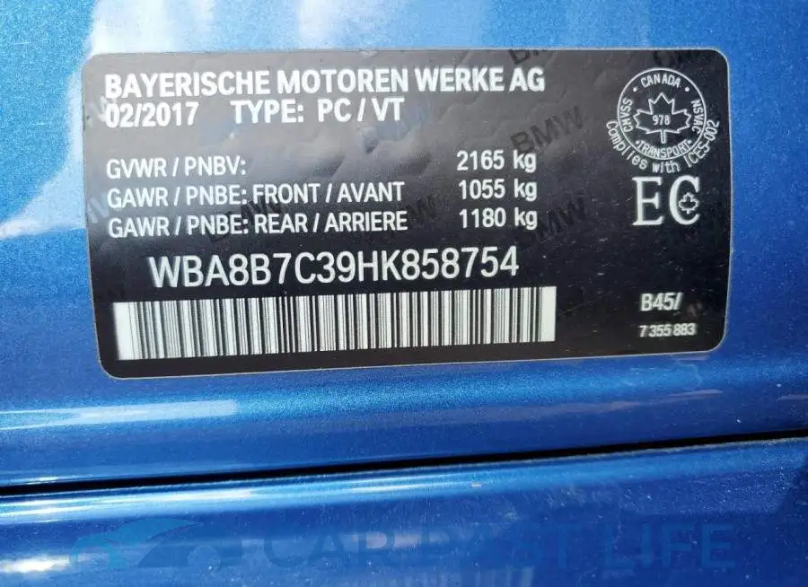 WBA8B7C39HK858754# 13