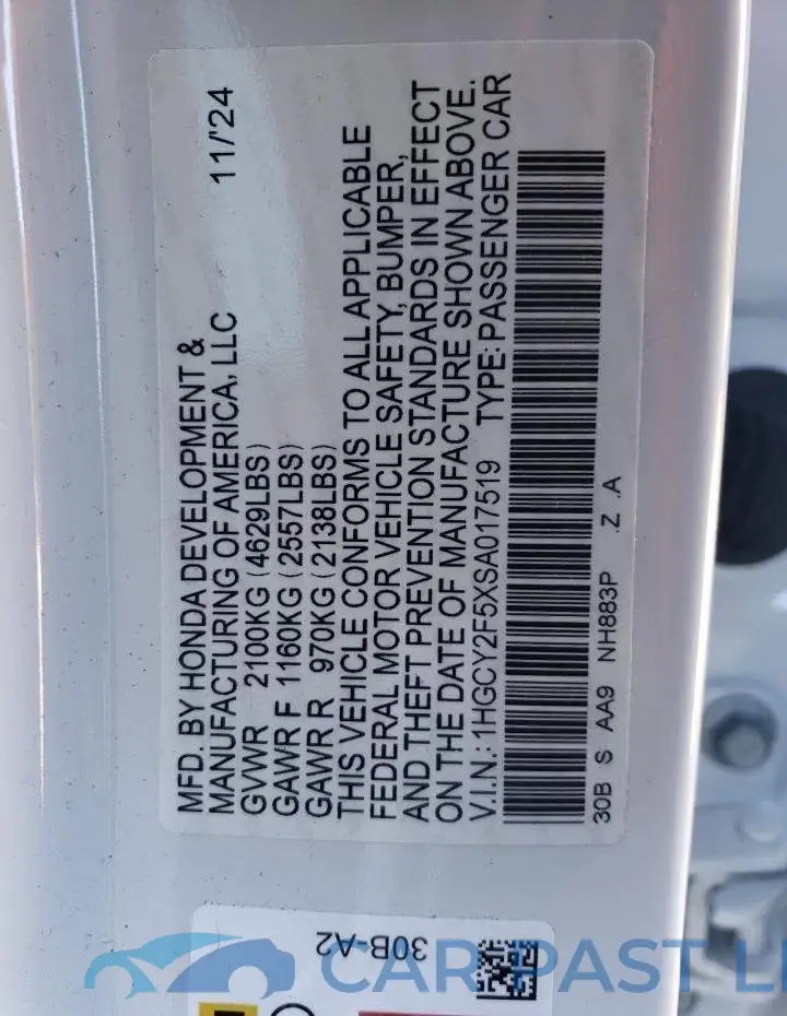 1HGCY2F5XSA017519# 12