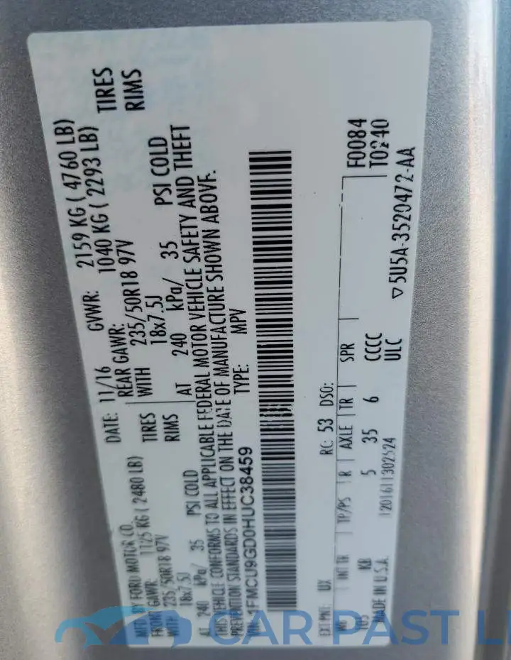 1FMCU9GD0HUC38459# 12