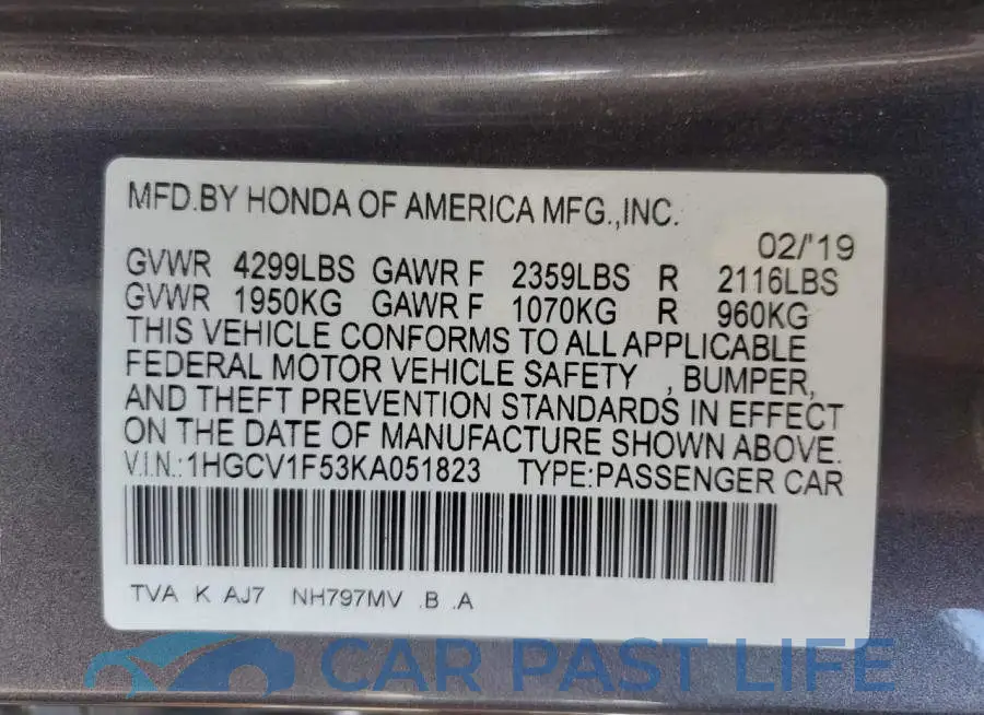 1HGCV1F53KA051823# 12