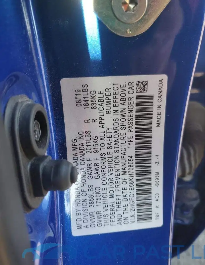 2HGFC1E56KH708054# 12
