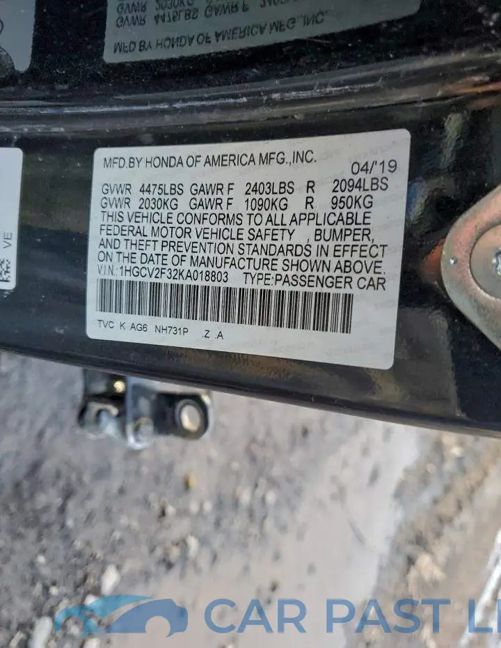 1HGCV2F32KA018803# 12