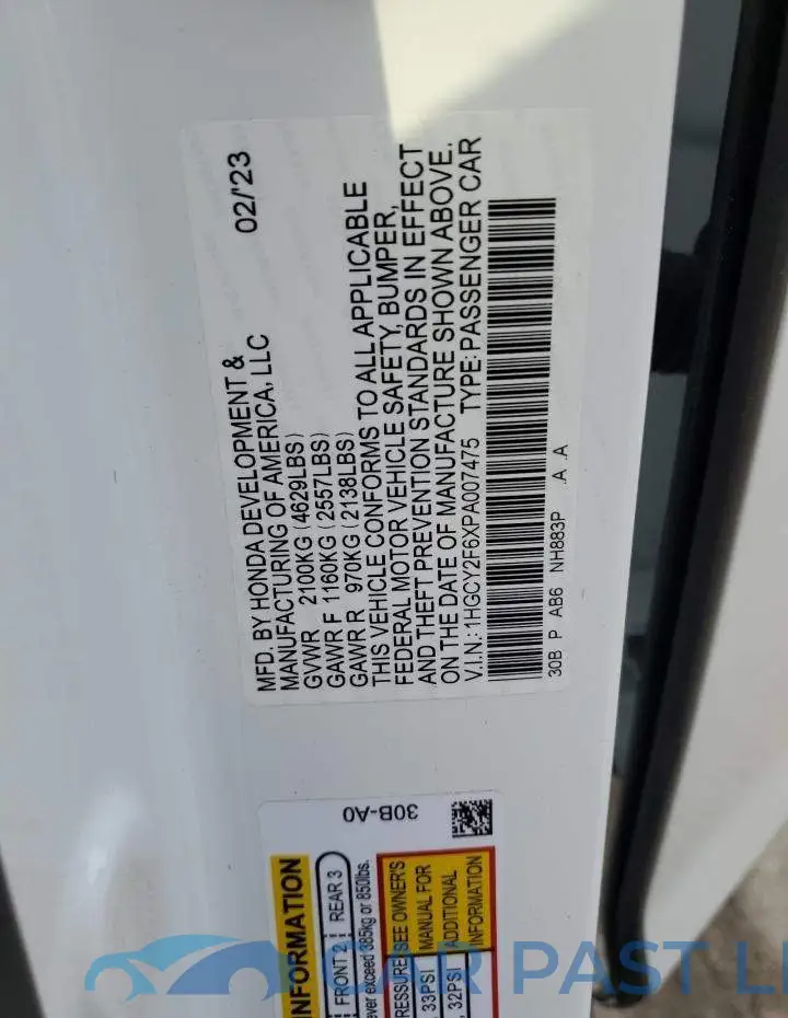 1HGCY2F6XPA007475# 13