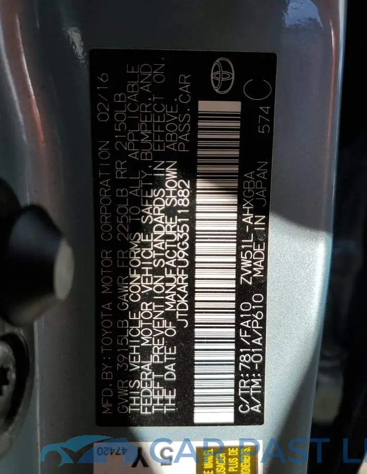 JTDKARFU9G3511882# 12