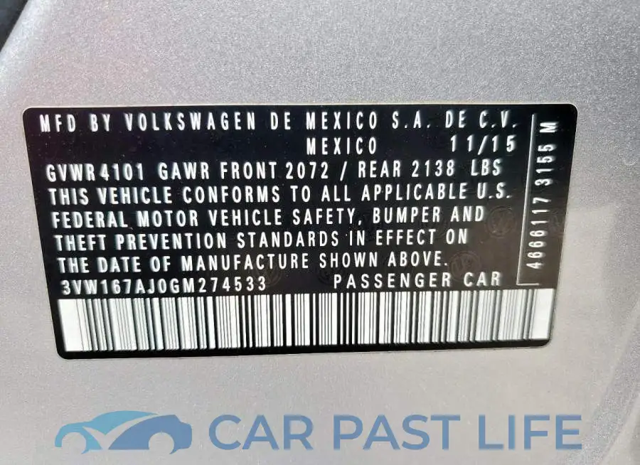 3VW167AJ0GM274533# 12