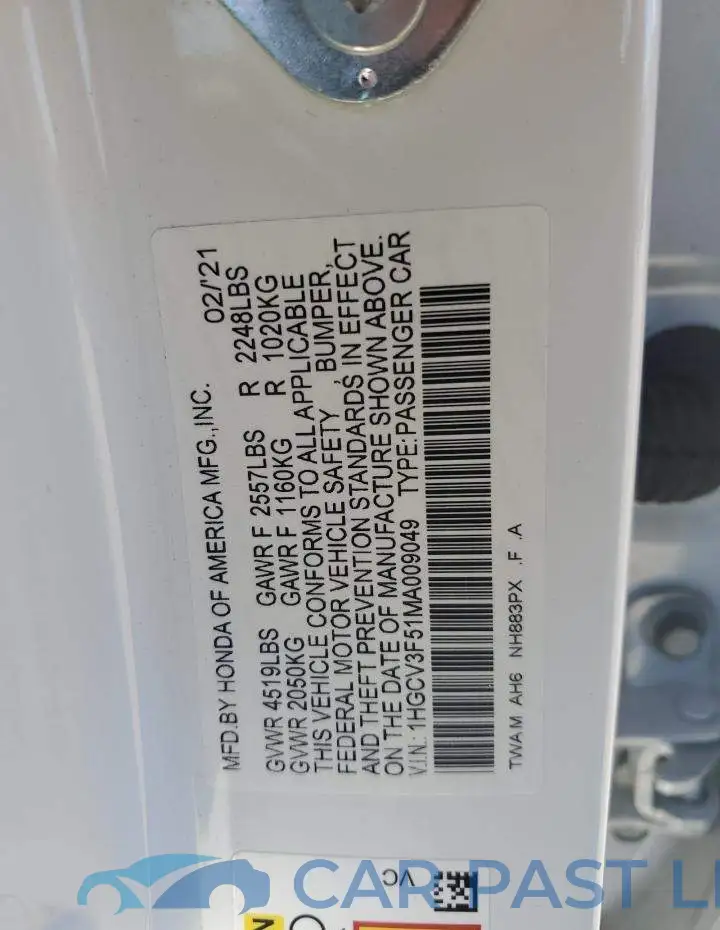 1HGCV3F51MA009049# 12