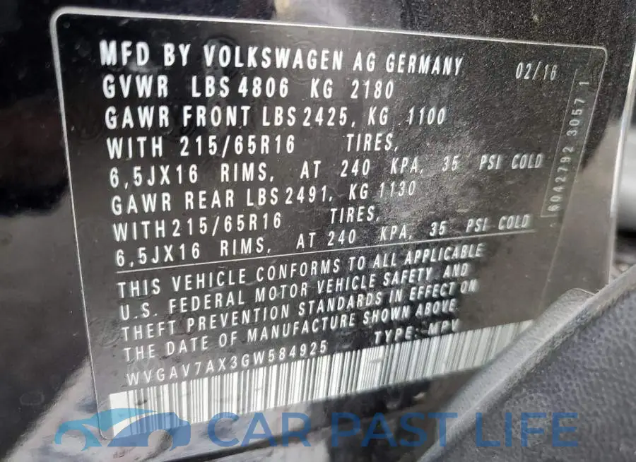 WVGAV7AX3GW584925# 13