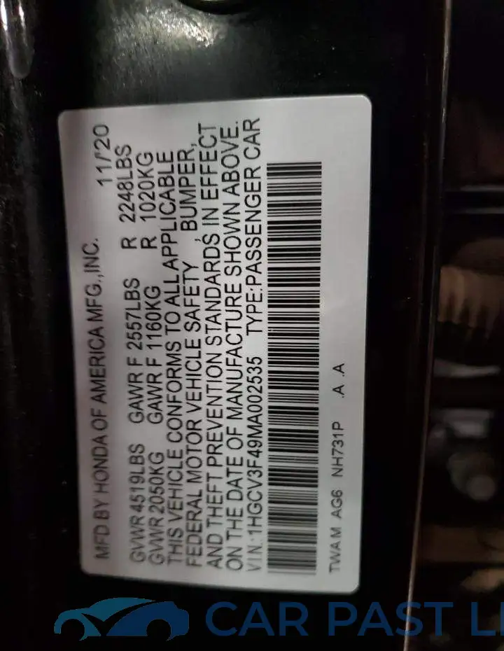 1HGCV3F49MA002535# 12