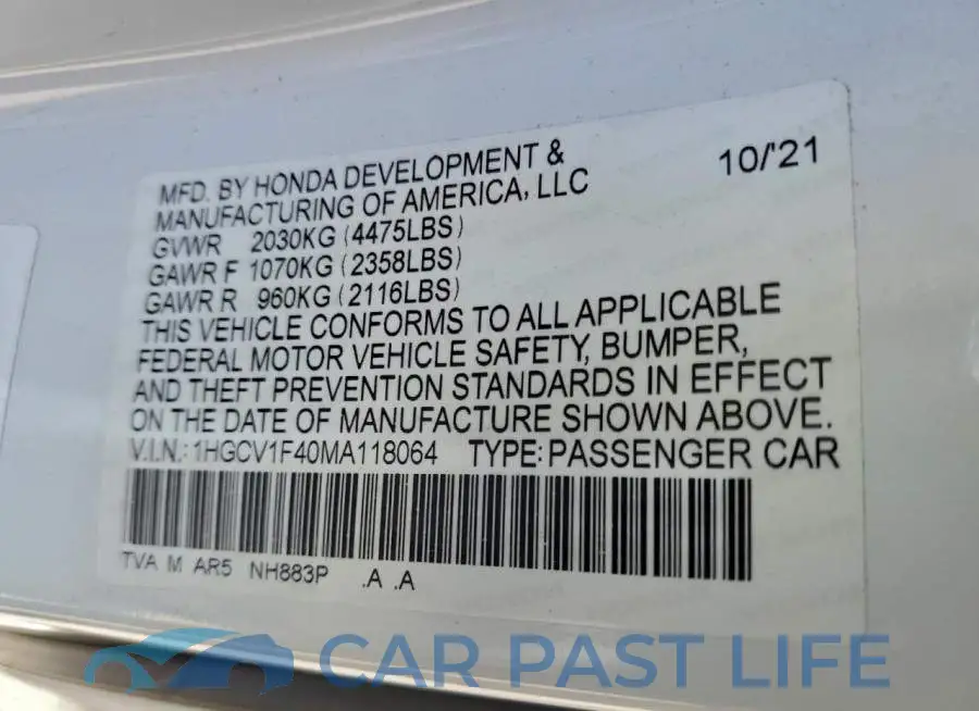 1HGCV1F40MA118064# 12