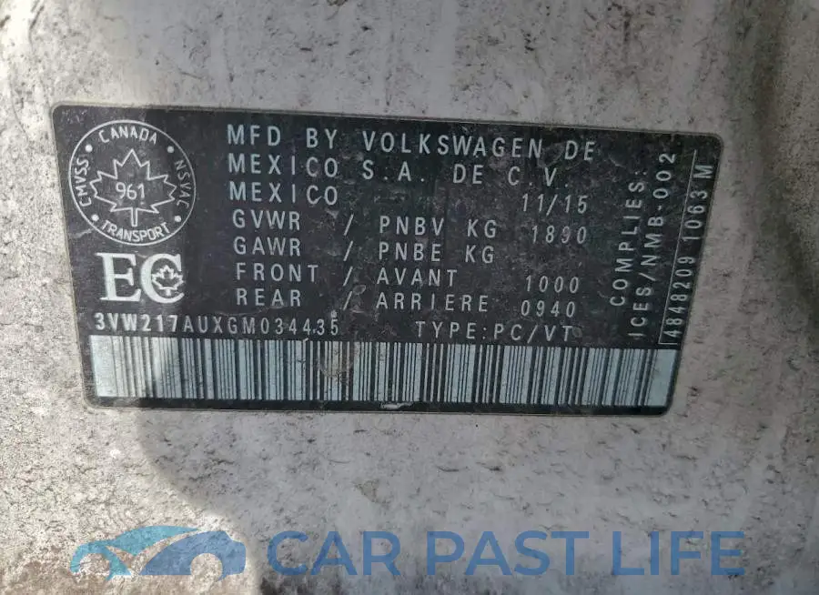 3VW217AUXGM034435# 12