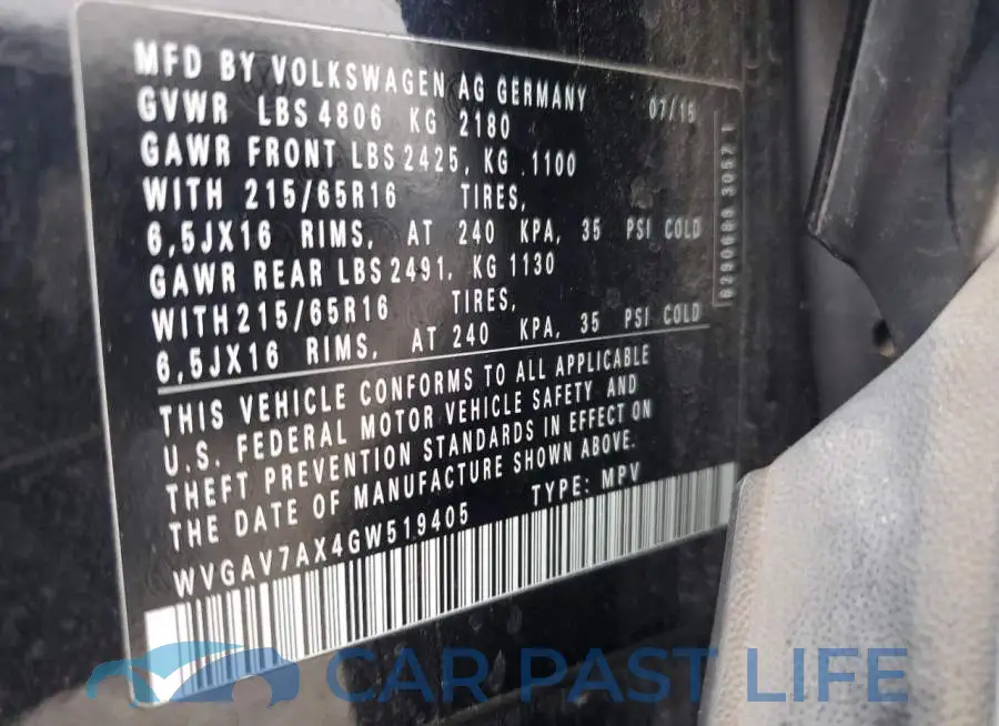 WVGAV7AX4GW519405# 13