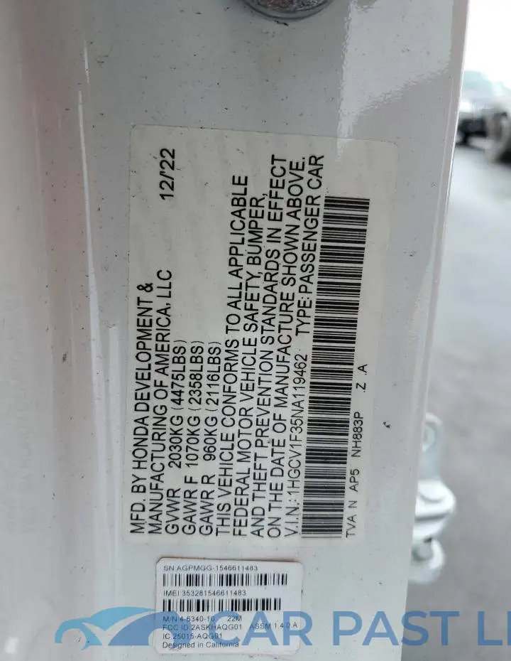 1HGCV1F35NA119462# 12