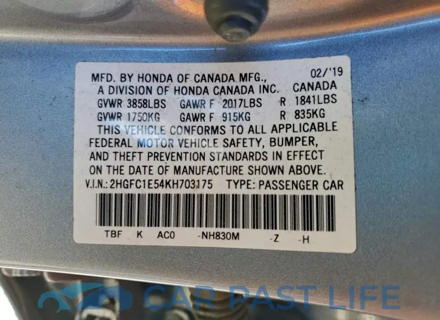 2HGFC1E54KH703175# 12