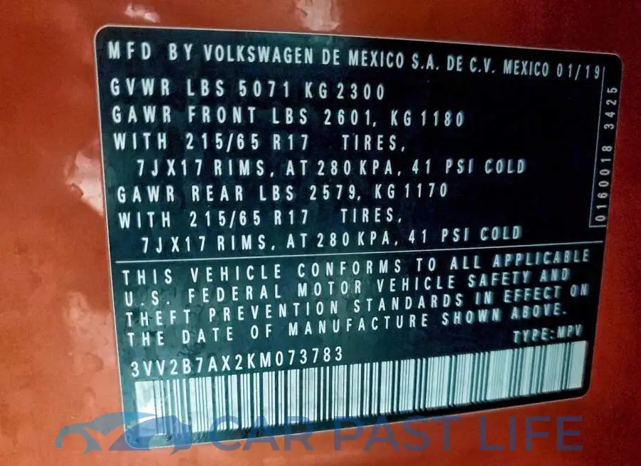 3VV2B7AX2KM073783# 13