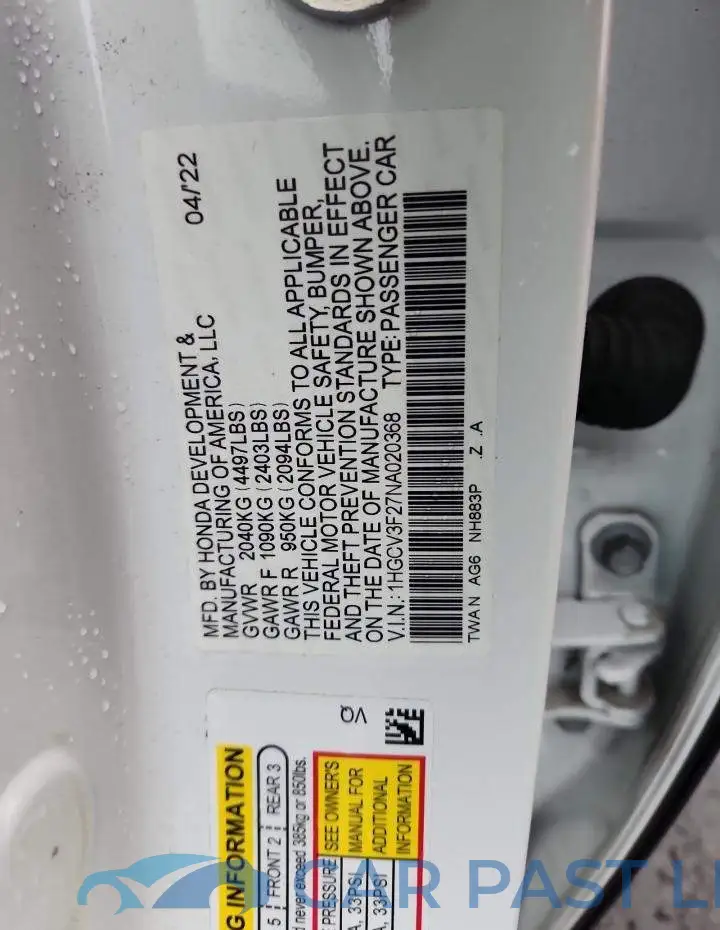 1HGCV3F27NA020368# 12