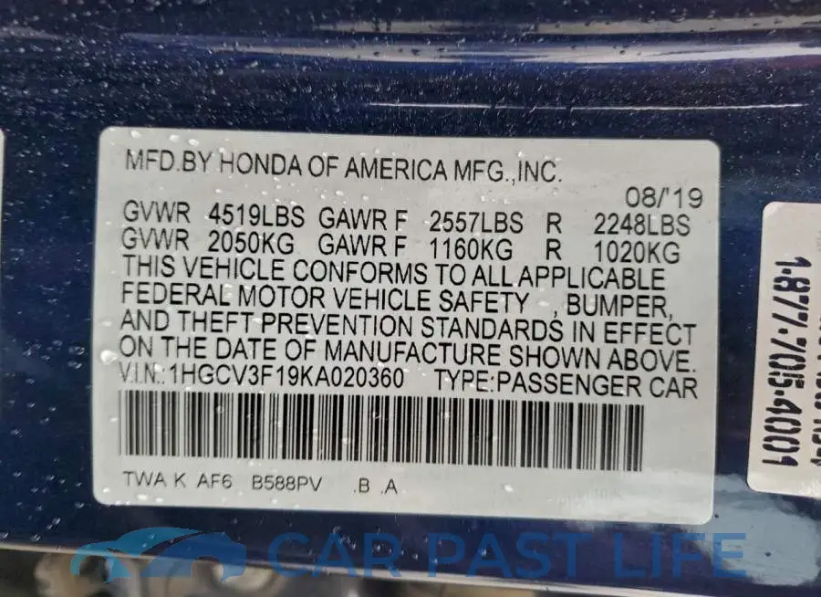 1HGCV3F19KA020360# 12