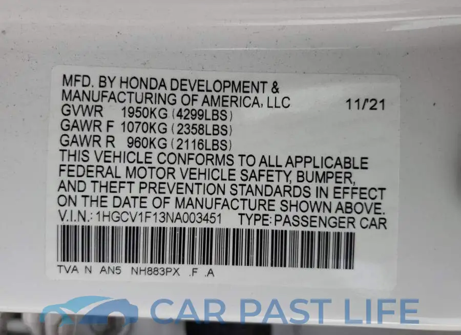 1HGCV1F13NA003451# 12