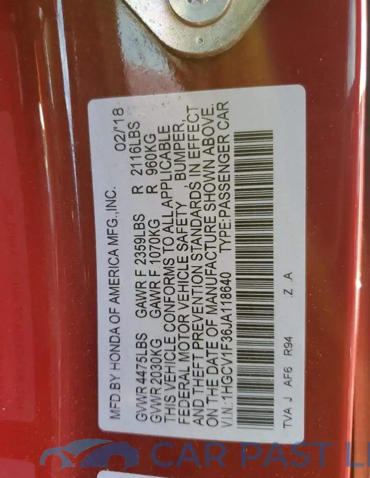 1HGCV1F36JA118640# 12
