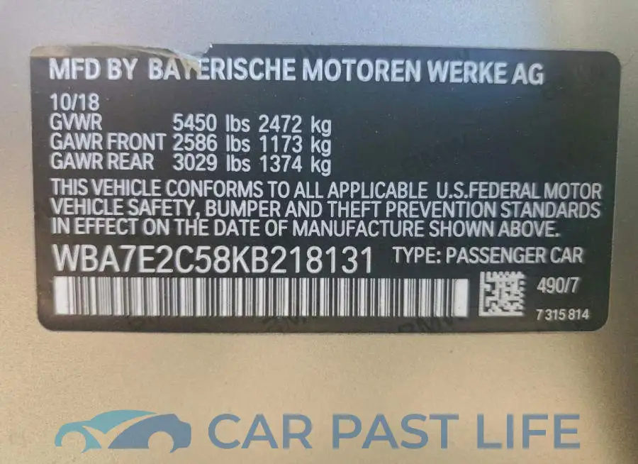 WBA7E2C58KB218131# 12