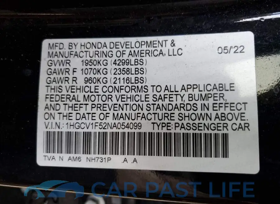 1HGCV1F52NA054099# 12