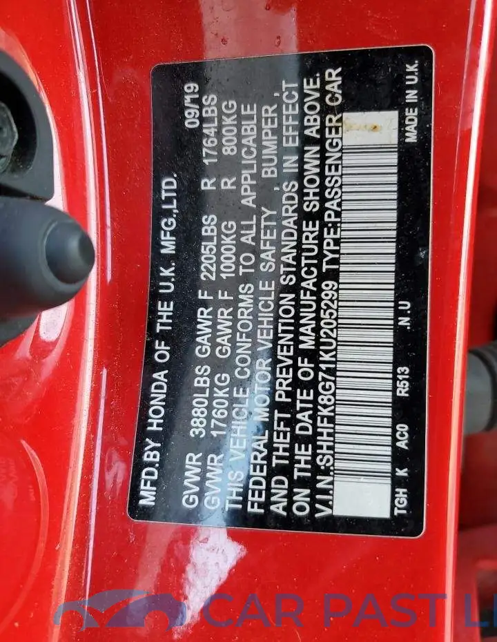 SHHFK8G71KU205299# 13