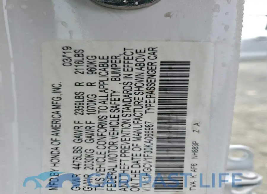 1HGCV1F30KA066987# 12