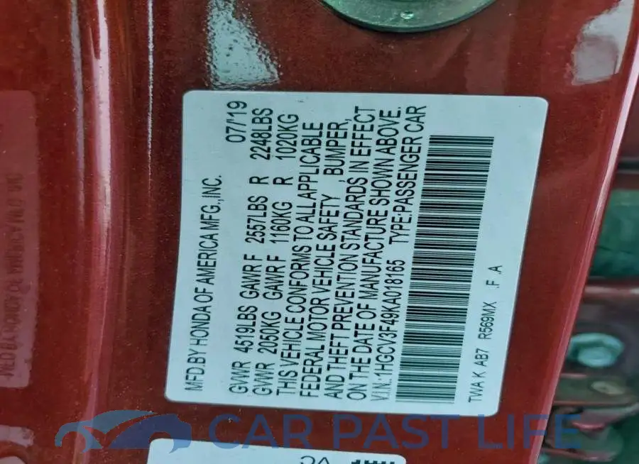 1HGCV3F49KA018165# 12
