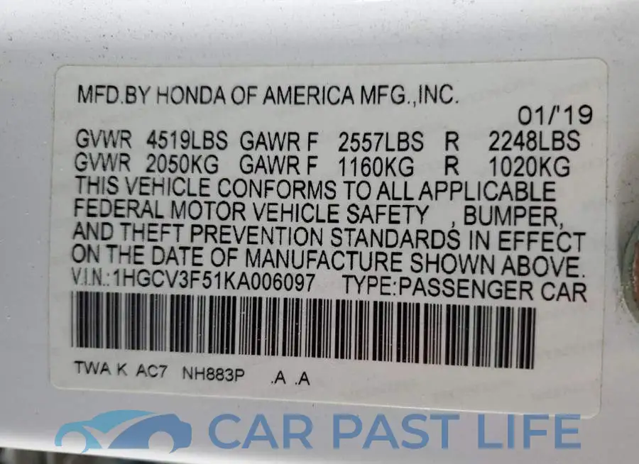 1HGCV3F51KA006097# 12