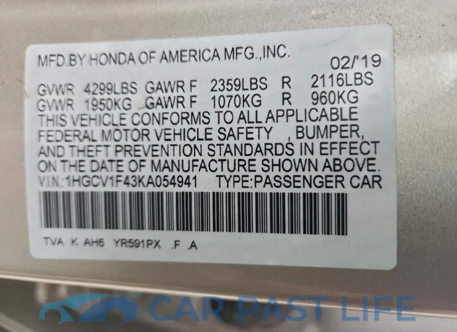 1HGCV1F43KA054941# 12
