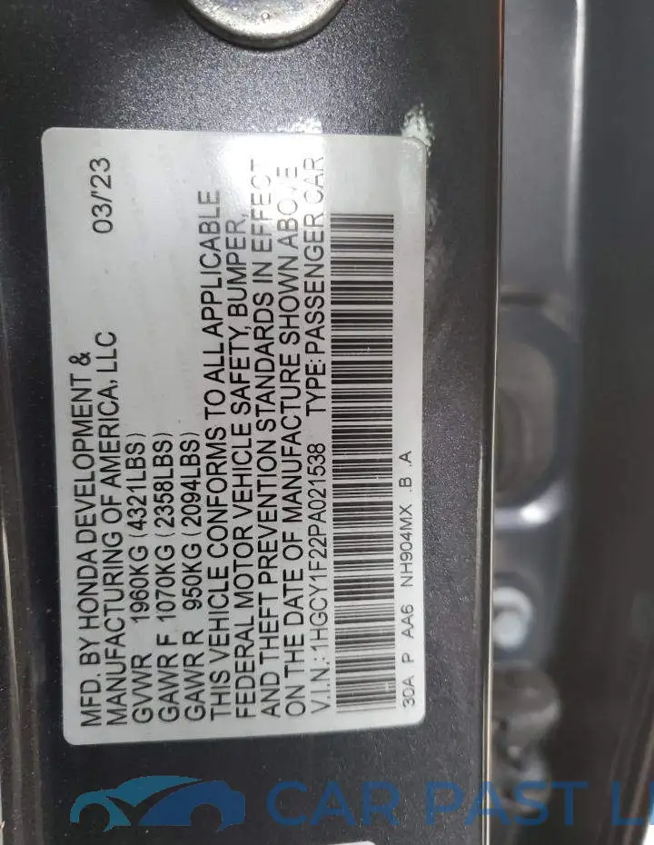 1HGCY1F22PA021538# 12