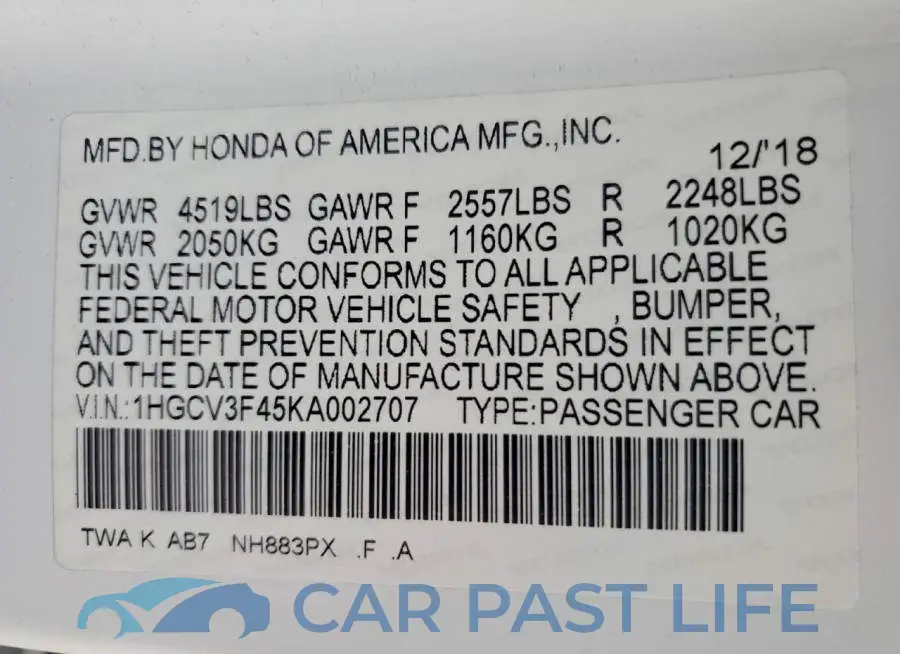 1HGCV3F45KA002707# 12