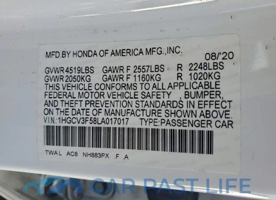 1HGCV3F58LA017017# 12