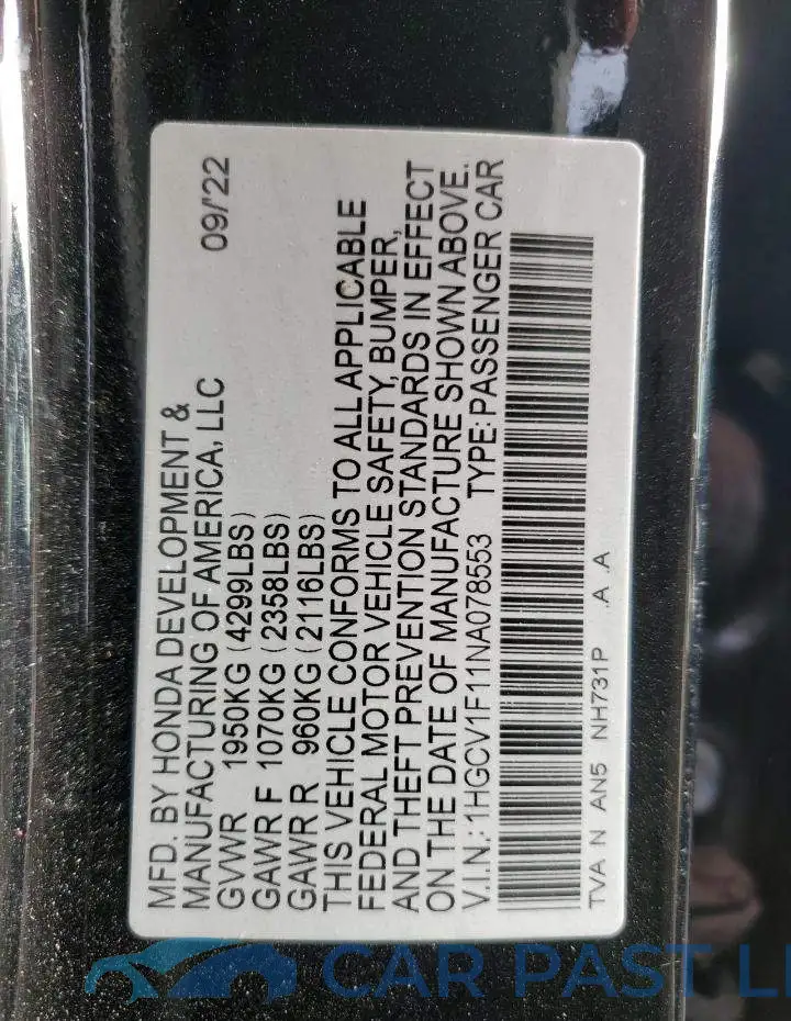 1HGCV1F11NA078553# 12