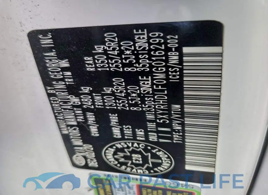 5XYRHDLF0MG016299# 12
