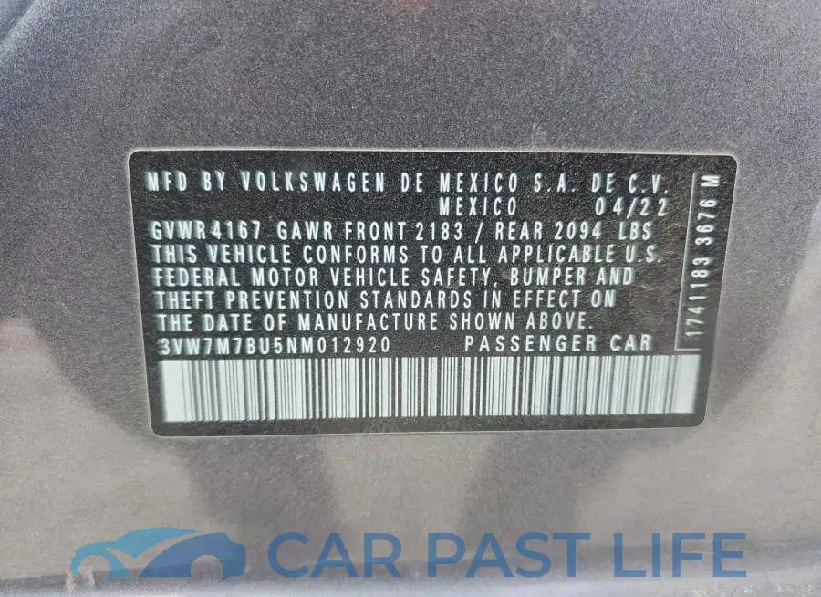 3VW7M7BU5NM012920# 12
