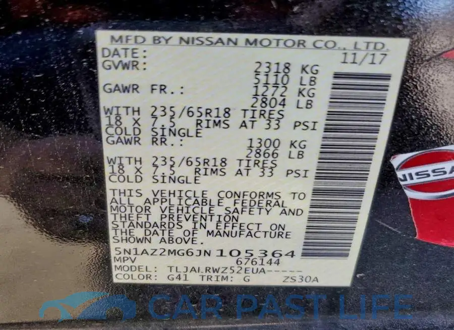 5N1AZ2MG6JN105364# 12